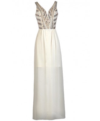 Ivory Embellished Maxi Dress, Ivory Prom Dress, Ivory and Gold Maxi ...