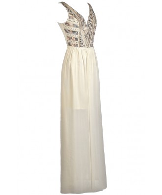 Ivory Embellished Maxi Dress, Ivory Prom Dress, Ivory and Gold Maxi ...
