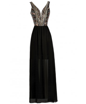 Black Embellished Maxi Dress, Cute Maxi Dress, Black Beaded Prom Dress ...