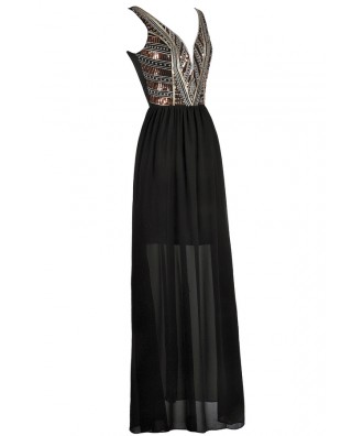 Black Embellished Maxi Dress, Cute Maxi Dress, Black Beaded Prom Dress ...