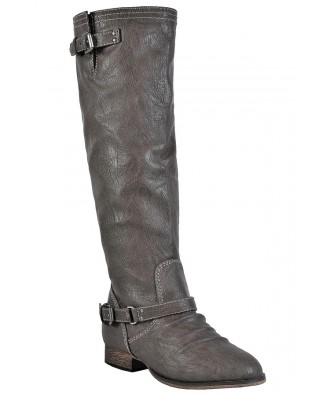 Grey Riding Boots, Cute Fall Boots, Red Zipper Boots