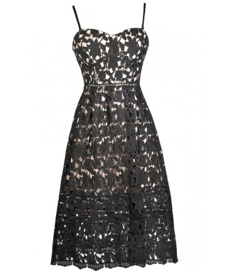 Black Lace Midi Dress, Black and Beige Lace Dress, Black Lace A-Line Dress