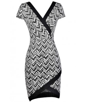 Cute Chevron Dress, Black and Ivory Chevron Dress, Crossover Hem Dress, Cute Party Dress