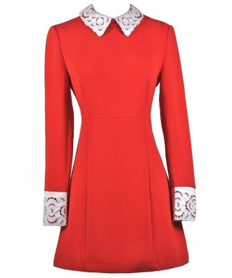 Cute Red Dress, Red Dress Boutique Dress, Red Peter Pan Collar Dress