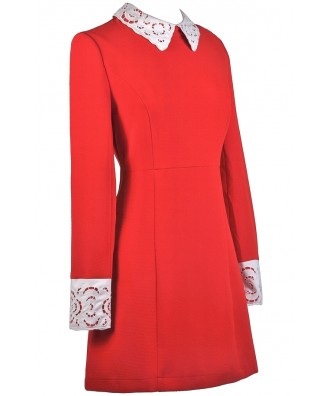 Cute Red Dress, Red Dress Boutique Dress, Red Peter Pan Collar Dress ...