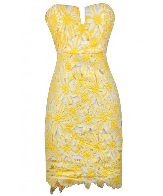 Yellow Lace Dress, Cute Yellow Dress, Yellow and White Strapless Lace Dress