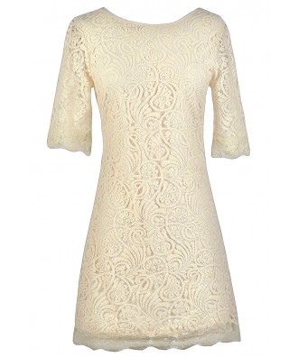 Beige Lace Sheath Dress, Rehearsal Dinner Dress, Bridal Shower Dress