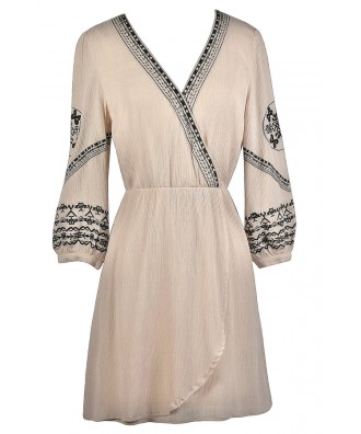 Beige and Black Embroidered Dress, Cute Summer Dress, Beige Wrap Dress