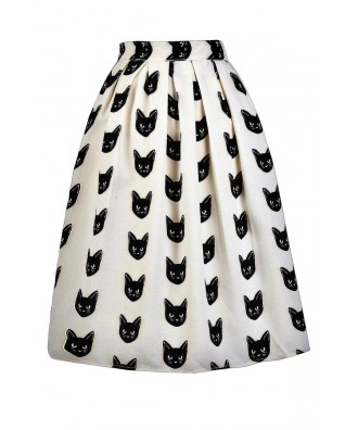 Black Cat Print Skirt, Cat Print A-Line Skirt, Beige and Black Printed Skirt