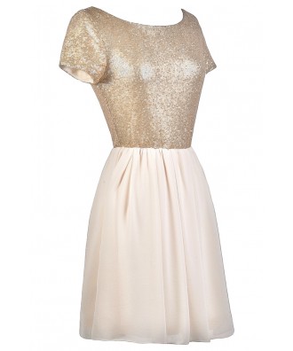 Beige and Gold Sequin Party Dress, Cute Cocktail Dress, Sequin Party ...