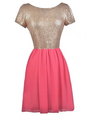 Hot Pink and Gold Sequin Party Dress, Cute Cocktail Dress, Cute Hot Pink Dress