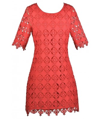 Coral Red Lace Sheath Dress, Cute Coral Red Dress, Coral Red Bridesmaid ...