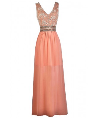 Peachy Pink Lace Maxi Dress, Pink Maxi Bridesmaid Dress