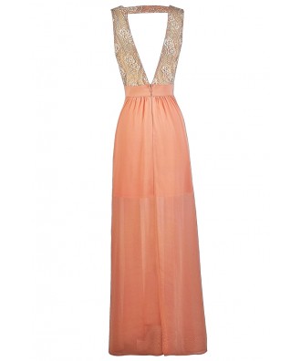 Peachy Pink Embellished Maxi Dress, Cute Prom Dress, Pink Maxi Dress ...