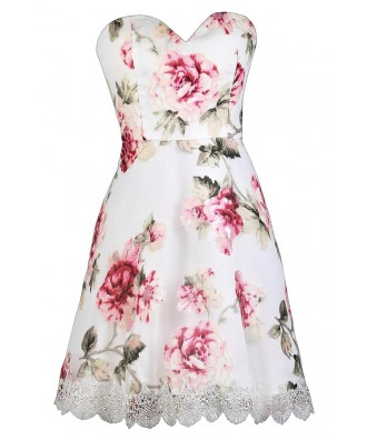 Pink Rose Print Strapless Dress, Cute Pink Dress, Printed Bridesmaid Dress