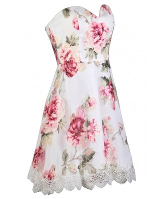 Pink Rose Print Strapless Dress, Cute Printed Dress, Printed Bridesmaid ...