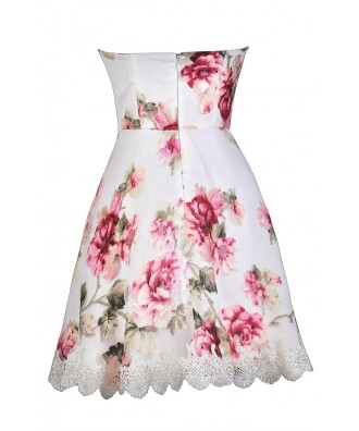 Pink Rose Print Strapless Dress, Cute Printed Dress, Printed Bridesmaid ...