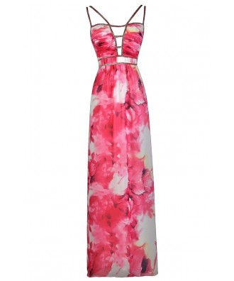 Pink Floral Print Maxi Dress, Cute Summer Dress, Cute Maxi Dress