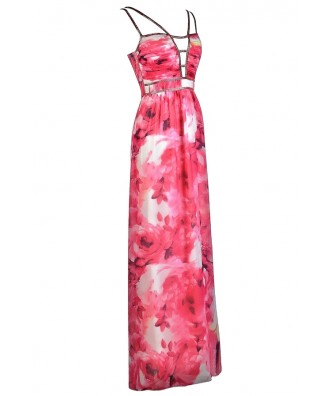 Pink Floral Print Maxi Dress, Cute Pink Maxi Dress, Pink Floral Prom ...