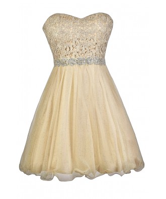 Gold Lace Embellished Holiday New Years Party Dress