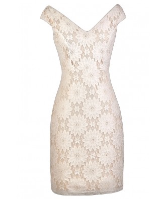 Ivory and Beige Lace Dress, Cute Ivory Dress, Ivory Lace Rehearsal Dinner Dress