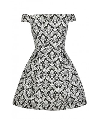 Off Shoulder A-Line Dress, Cute Printed Dress, Black and White Insignia Pattern Dress