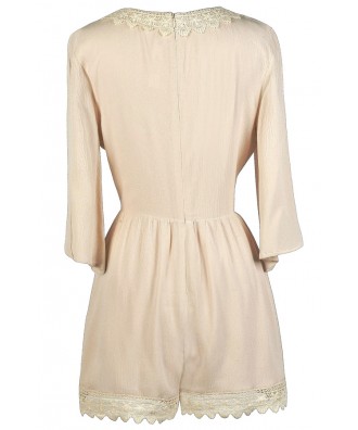 Beige Romper, Cute Summer Romper, Lace Trim Romper Lily Boutique