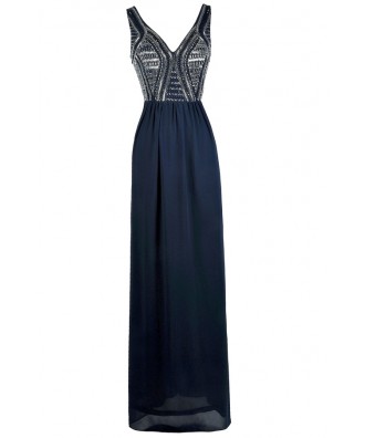 Navy Blue Prom Dress, Navy Maxi Dress, Navy Beaded Formal Dress