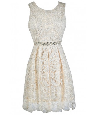 Beige Lace A-Line Dress, Rehearsal Dinner Dress, Bridal Shower Dress