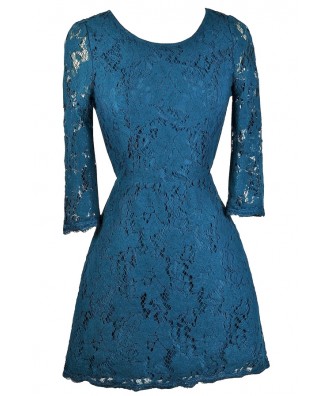 Turquoise Blue Lace Dress, Open Back Lace Dress, Lace Cocktail Dress ...