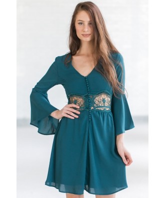 Cute Teal Green Bell Sleeve Fall Boho Festival Dress