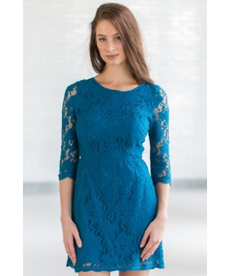 Turquoise Blue Lace Open Back Cocktail Party Dress