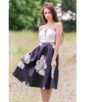 Black and Ivory Rose Print Midi Dress, Cute Printed Dress, Summer Dress Online