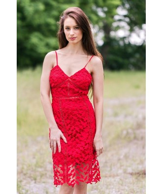 Red Lace Midi Pencil Dress, Cute Red Dress Online, Lace Cocktail Dress