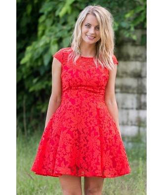 Red Lace Capsleeve A-Line Dress, Red Party Dress, Cute Summer Dress ...