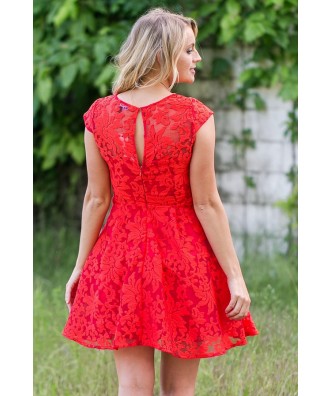 Red Lace Capsleeve A-Line Dress, Red Party Dress, Cute Summer Dress ...