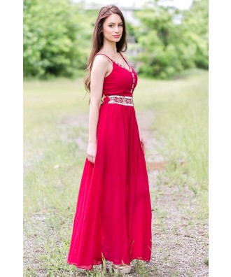 Wine Red Maxi Dress, Cute Summer Maxi Dress Online, Embroidered Maxi