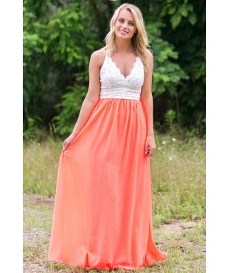 Neon Coral and Lace Maxi Dress, Cute Summer Maxi Dress