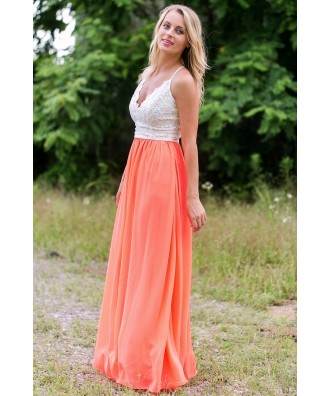 Neon Coral Open Back Maxi Dress, Cute Summer Maxi Dress, Neon Orange ...