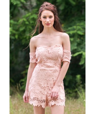 Peach Lace Off Shoulder Romper, Cute Summer Romper, Lace Romper