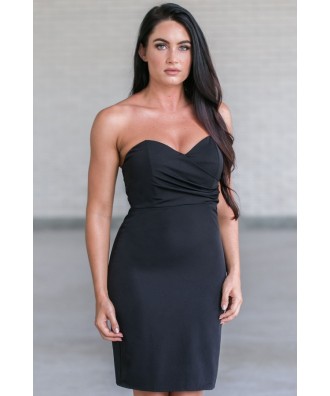 Cute Little Black Cocktail Dress, Strapless Black Bodycon Dress, Online Boutique Dress