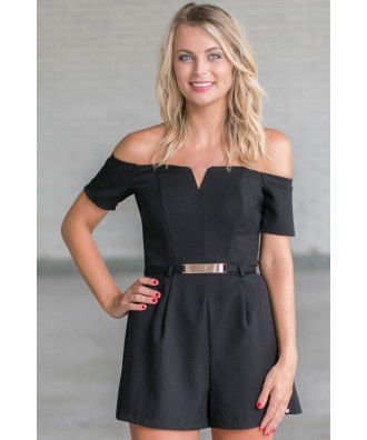 Cute Black Romper, Belted Black Romper, Off Shoulder Romper