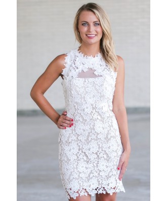 White Lace Rehearsal Dinner Dress, Cute Lace Dress Online, Boutique Dress, White Pencil Dress