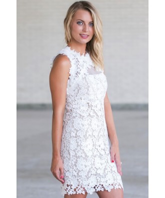 Cute White Lace Pencil Dress, Lace Rehearsal Dinner Dress, White Bridal ...