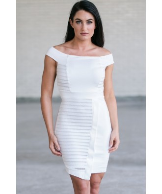 Ivory Off Shoulder Bodycon Dress, Cute Ivory Pencil Dress, Asymmetrical Hemline Dress