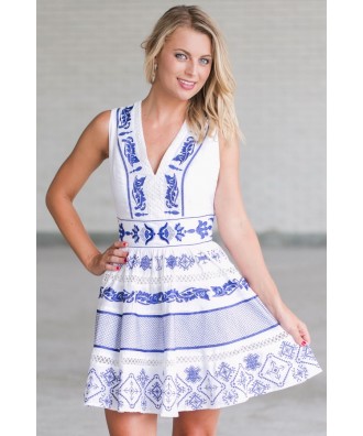 Blue and White Embroidered Sundress, Cute A-Line Dress, Online Boutique Summer Dress