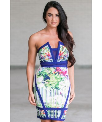 Cute Printed Dress, Blue Printed Bodycon Dress, Cute Summer Cocktail Dress