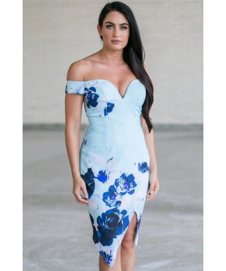 Cute Blue Off Shoulder Pencil Dress, Blue Floral Print Cocktail Dress, Ginger Fizz Floral Print Dress