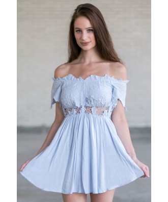 Cute Pale Blue Off Shoulder Romper, Online Boutique Baby Blue Romper, Cute Summer Romper
