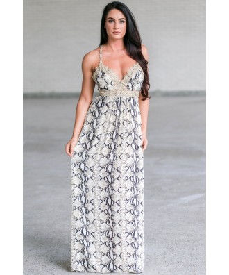 Cute Snakeskin Maxi Dress, Animal Print Maxi Dress, Navy and Gold Printed Maxi